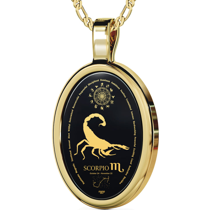 Scorpio Necklace Zodiac Pendant 24k Gold Inscribed on Onyx Stone Gold Plated Silver GD Home Goods