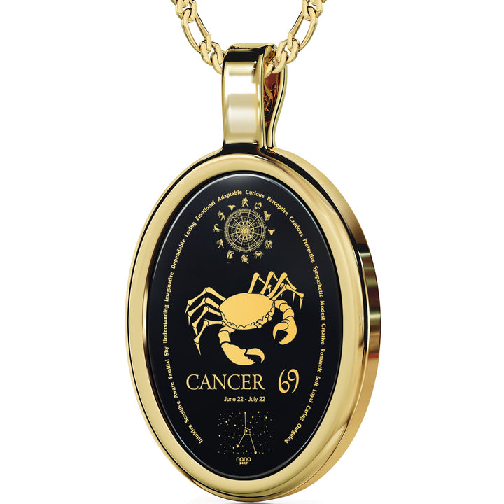 Cancer Necklace Zodiac Pendant 24k Gold Inscribed on Onyx Stone Gold Plated Silver GD Home Goods