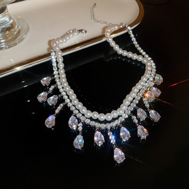 Luxury Pearl Tassel Crystal Necklace 1