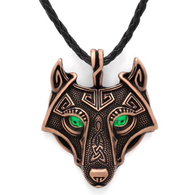 Viking Necklace Red Leather Green