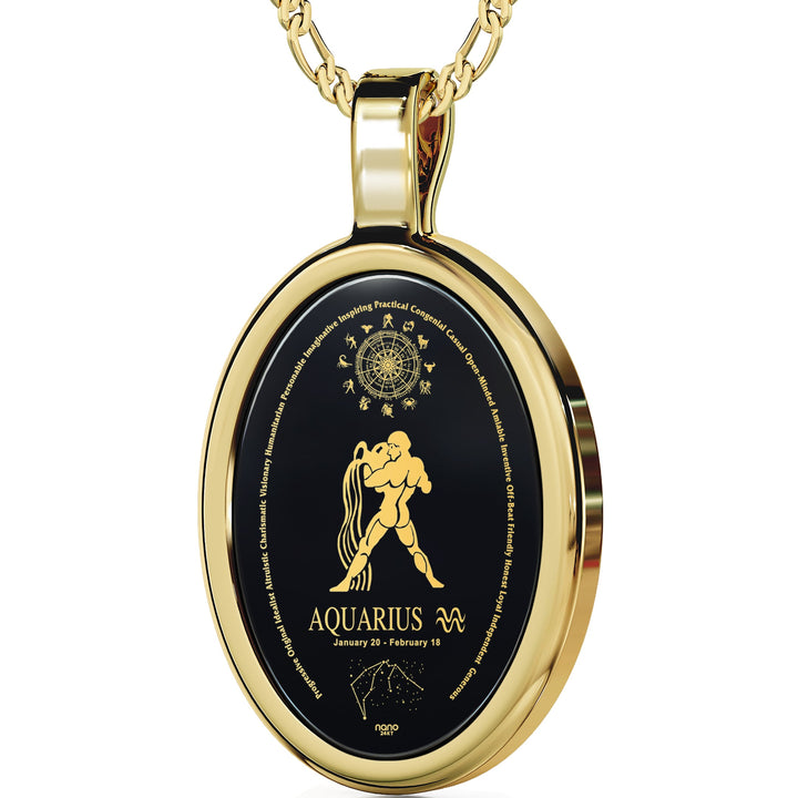 Aquarius Necklace Zodiac Pendant 24k Gold Inscribed on Onyx Stone Gold Plated Silver GD Home Goods