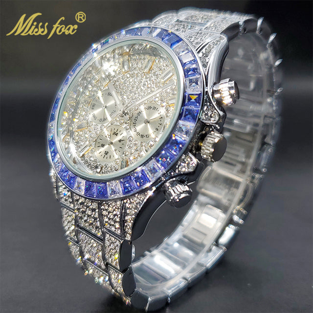 Luxury Gold Men's Watch Waterproof Stainless Steel Iced Bracelet V298P-Silver