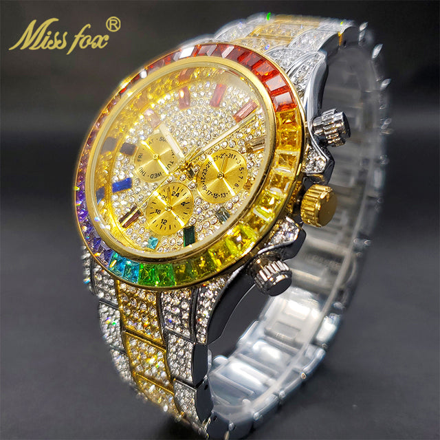 Luxury Gold Men's Watch Waterproof Stainless Steel Iced Bracelet V298R-GS