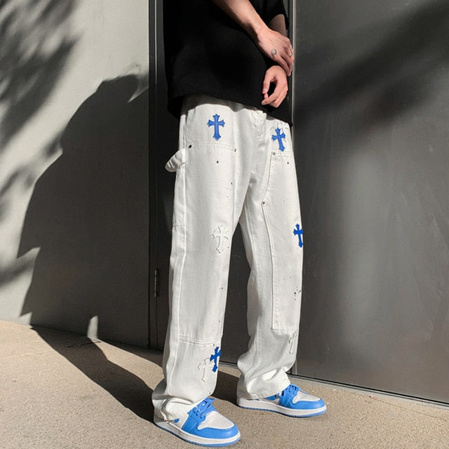 Streetwear Embroidery Baggy Jeans White 4 / XL(175-178cm 55kg)