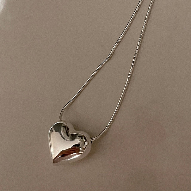 Metal Love Heart Pendant Necklace Silver / Small