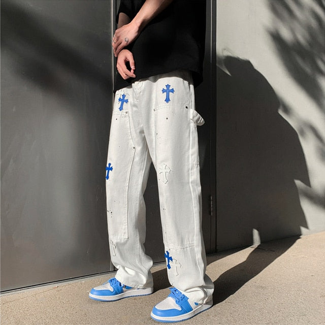 Baggy Printed Denim Pants White / S(168cm-45kg)