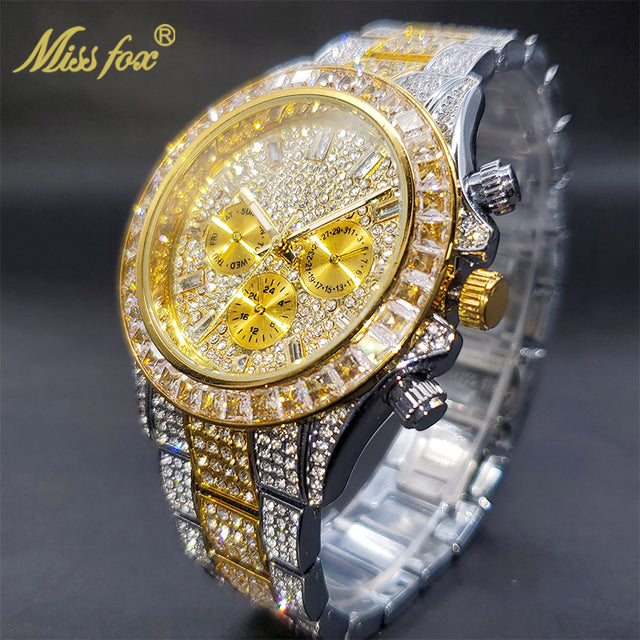 Luxury Gold Men's Watch Waterproof Stainless Steel Iced Bracelet V298-GS
