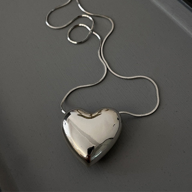 Metal Love Heart Pendant Necklace Silver / Big