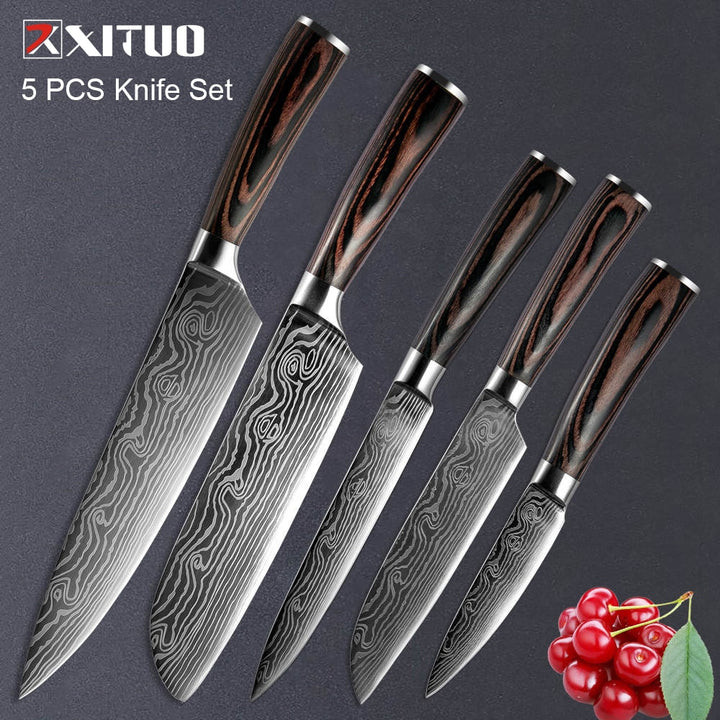 Damascus Knife Set Chef Knives - Japanese Stainless Steel Sanding Laser Pattern Damascus Knives Professional 5PCS Knife Set / United States Home and Kitchen GD Home Goods