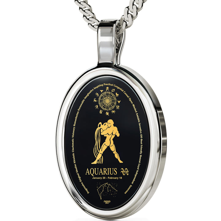 Aquarius Necklace Zodiac Pendant 24k Gold Inscribed on Onyx Stone 14k White Gold GD Home Goods