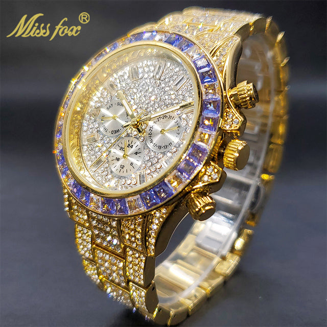 Luxury Gold Men's Watch Waterproof Stainless Steel Iced Bracelet V298P-Gold