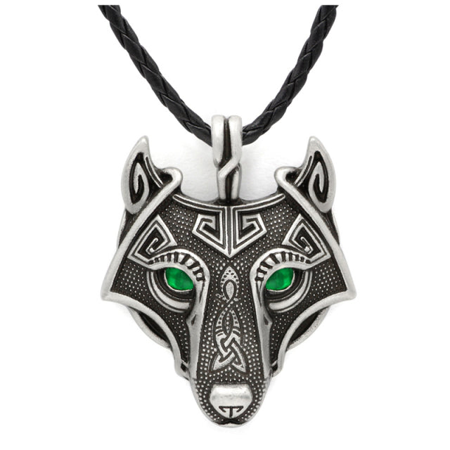 Viking Necklace Silver Leather Green