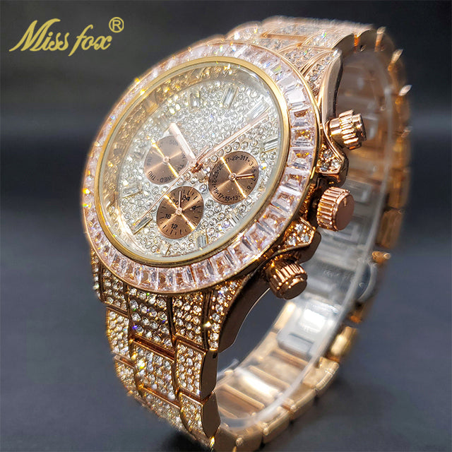 Luxury Gold Men's Watch Waterproof Stainless Steel Iced Bracelet V298-RoseGold