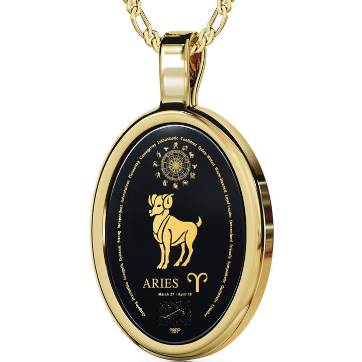 Aries Necklace Zodiac Pendant 24k Gold Inscribed on Onyx Stone 14k Yellow Gold GD Home Goods
