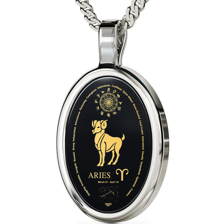 Aries Necklace Zodiac Pendant 24k Gold Inscribed on Onyx Stone 14k White Gold GD Home Goods