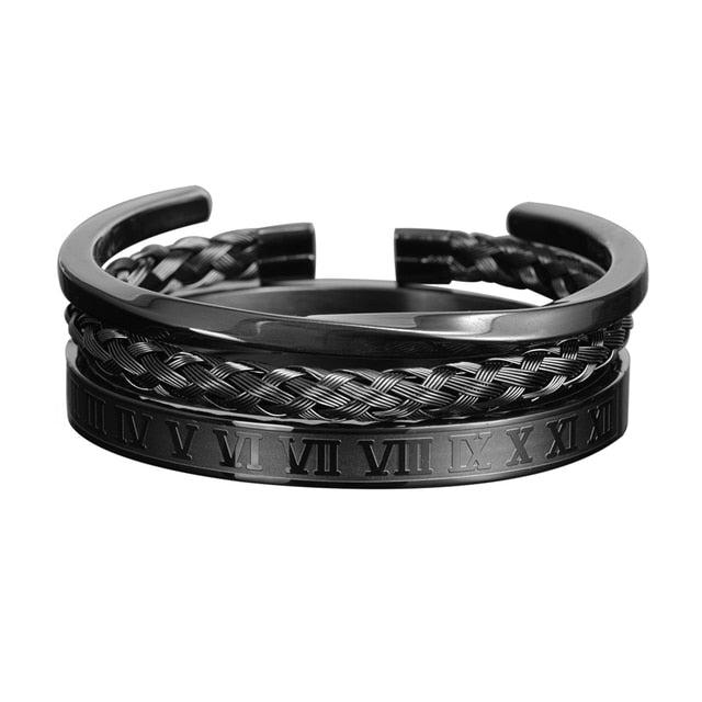 Luxury Roman Number 316L Wristband Black Set