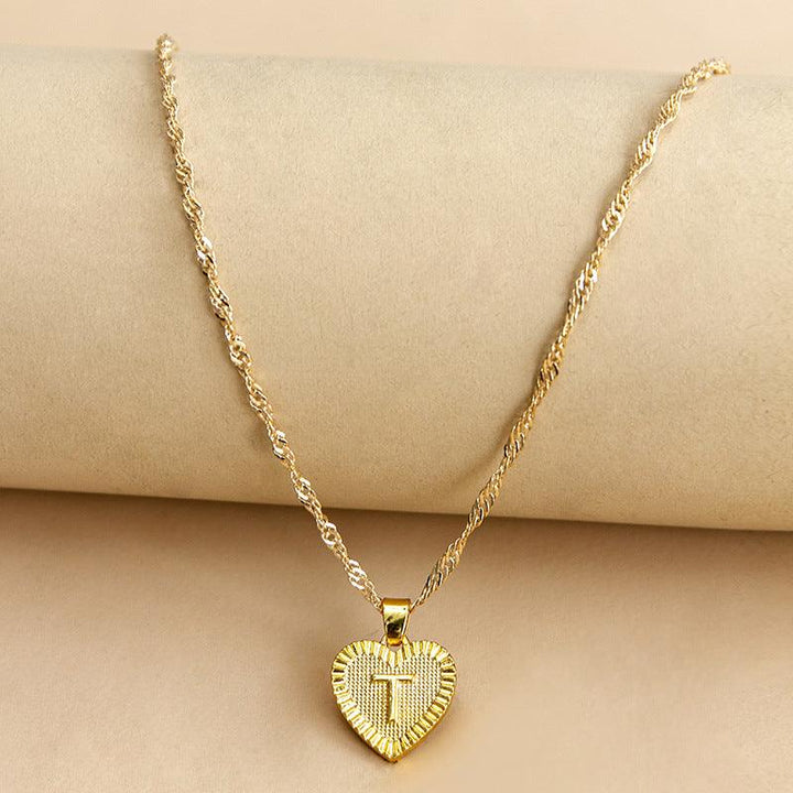Initial Letter Heart Pendant Necklace Gold / T