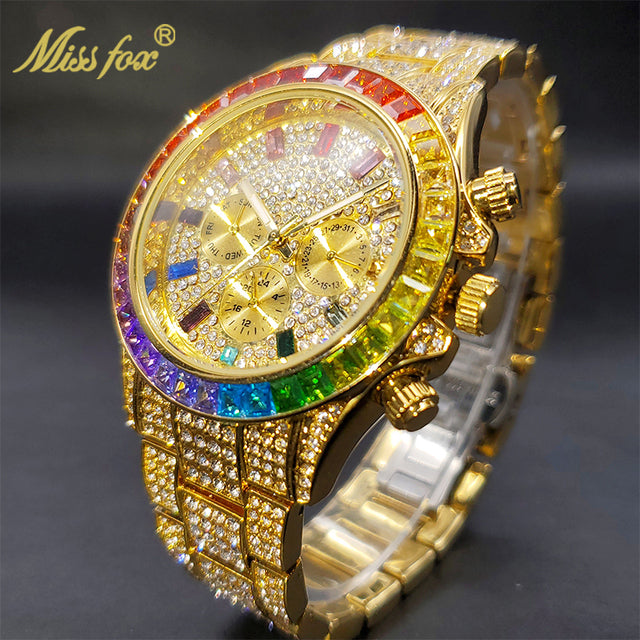 Luxury Gold Men's Watch Waterproof Stainless Steel Iced Bracelet V298R-Gold
