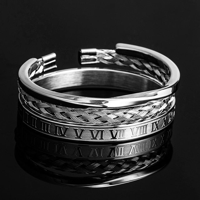 Luxury Roman Number 316L Wristband Silver Set