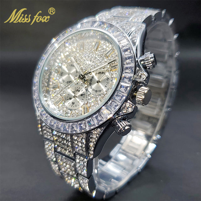 Luxury Gold Men's Watch Waterproof Stainless Steel Iced Bracelet V298-Silver