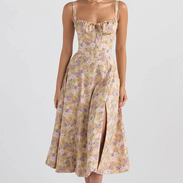 Floral Midriff Waist Shaper Dress Yellow Print / L GD Home Goods