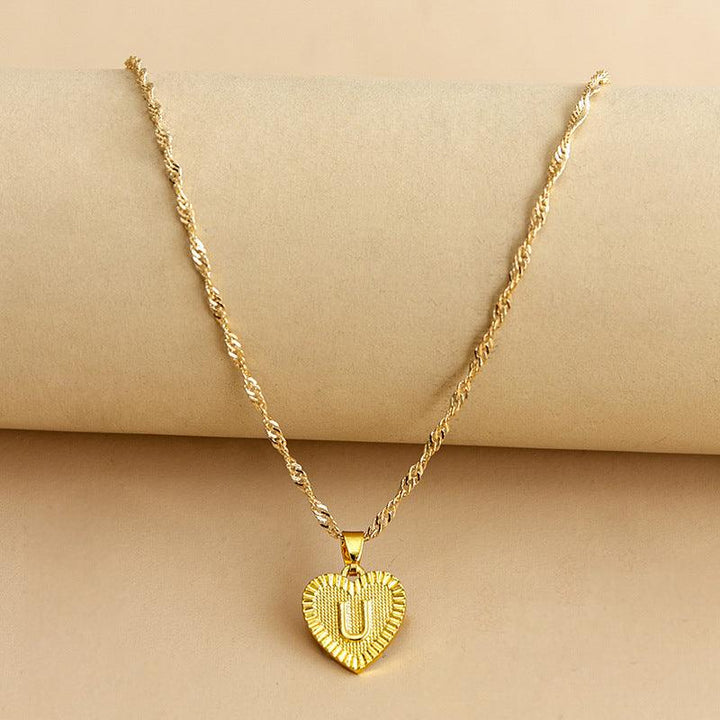 Initial Letter Heart Pendant Necklace Gold / U