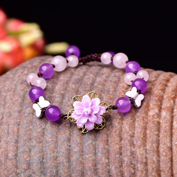 Purple Jade and Amethyst Lotus Healing Bracelet Purple & Pink