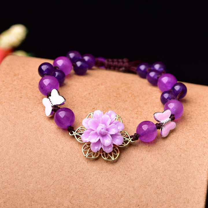 Purple Jade and Amethyst Lotus Healing Bracelet Purple