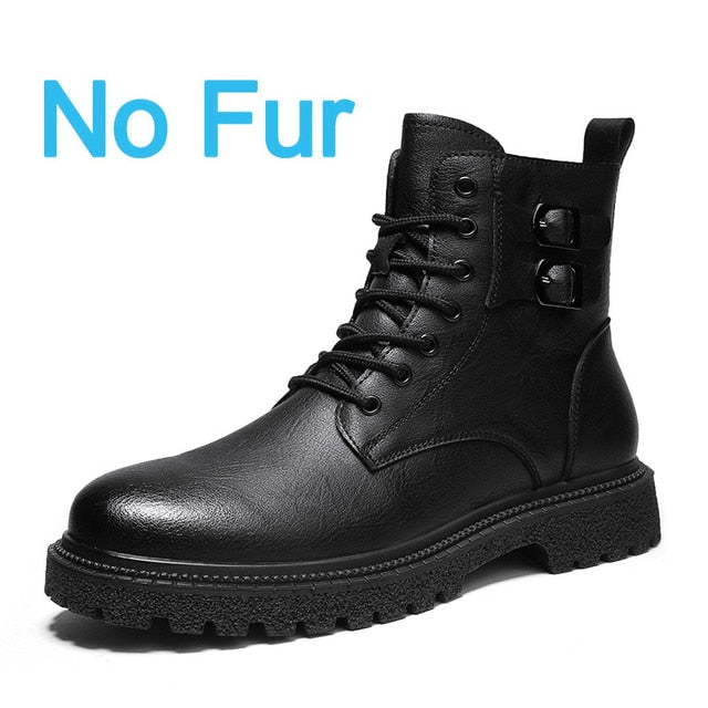 High-Quality Men's Ankle Leather Boots Black-No Fur / 46