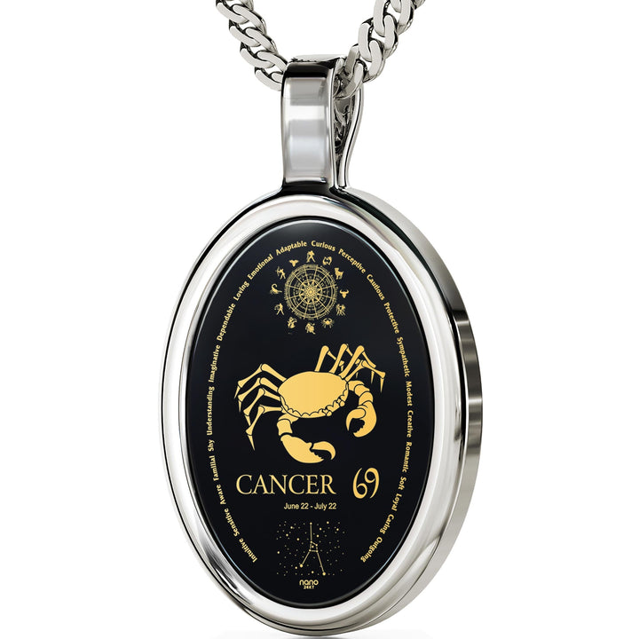 Cancer Necklace Zodiac Pendant 24k Gold Inscribed on Onyx Stone 14k White Gold GD Home Goods