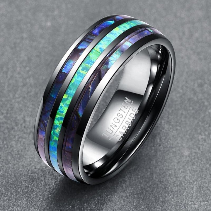 Blue Faux Opal Shell Inlay Tungsten Carbide Ring GD Home Goods