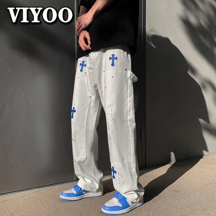 Baggy Jeans for men in white with blue crosses