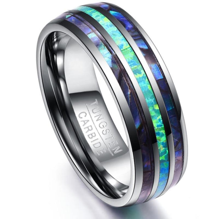 Blue Faux Opal Shell Inlay Tungsten Carbide Ring GD Home Goods