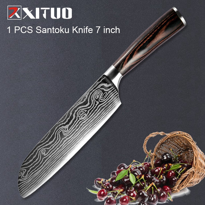 Damascus Knife Set Chef Knives - Japanese Stainless Steel Sanding Laser Pattern Damascus Knives Professional Home and Kitchen GD Home Goods