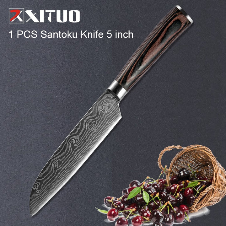 Damascus Knife Set Chef Knives - Japanese Stainless Steel Sanding Laser Pattern Damascus Knives Professional Home and Kitchen GD Home Goods