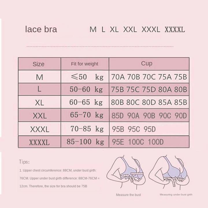 Wireless Lace Sexy Brassiere size chart