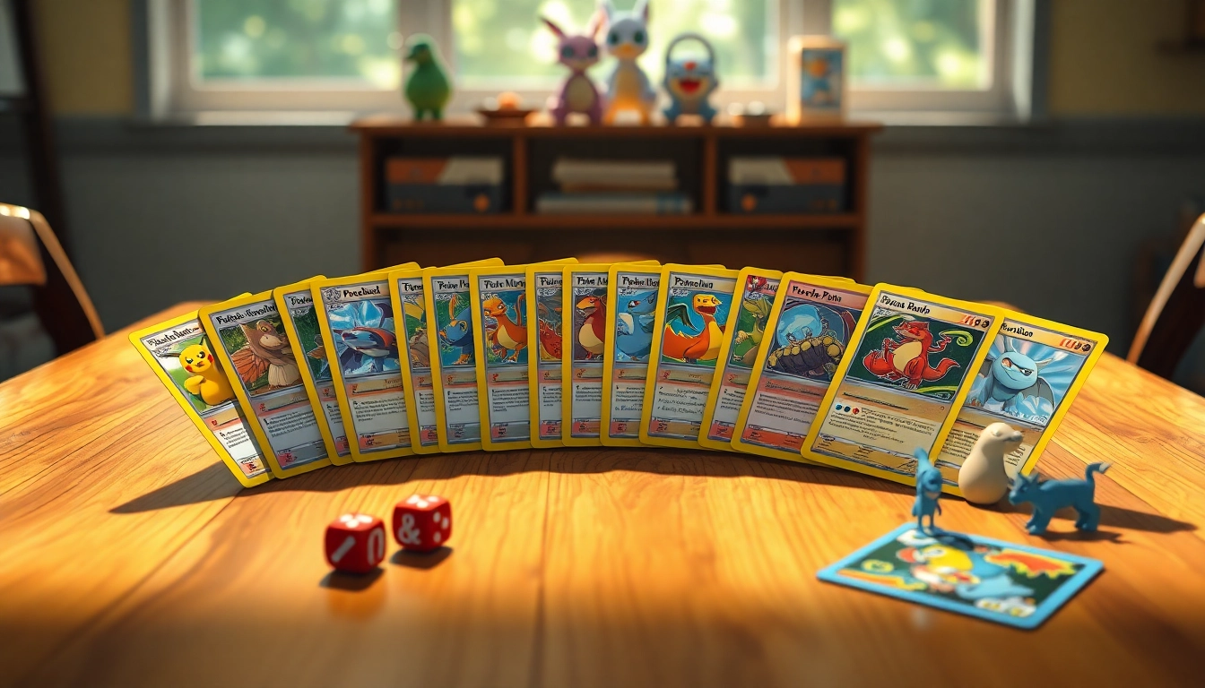 Explore real Pokemon cards showcased on a game table, featuring iconic characters.