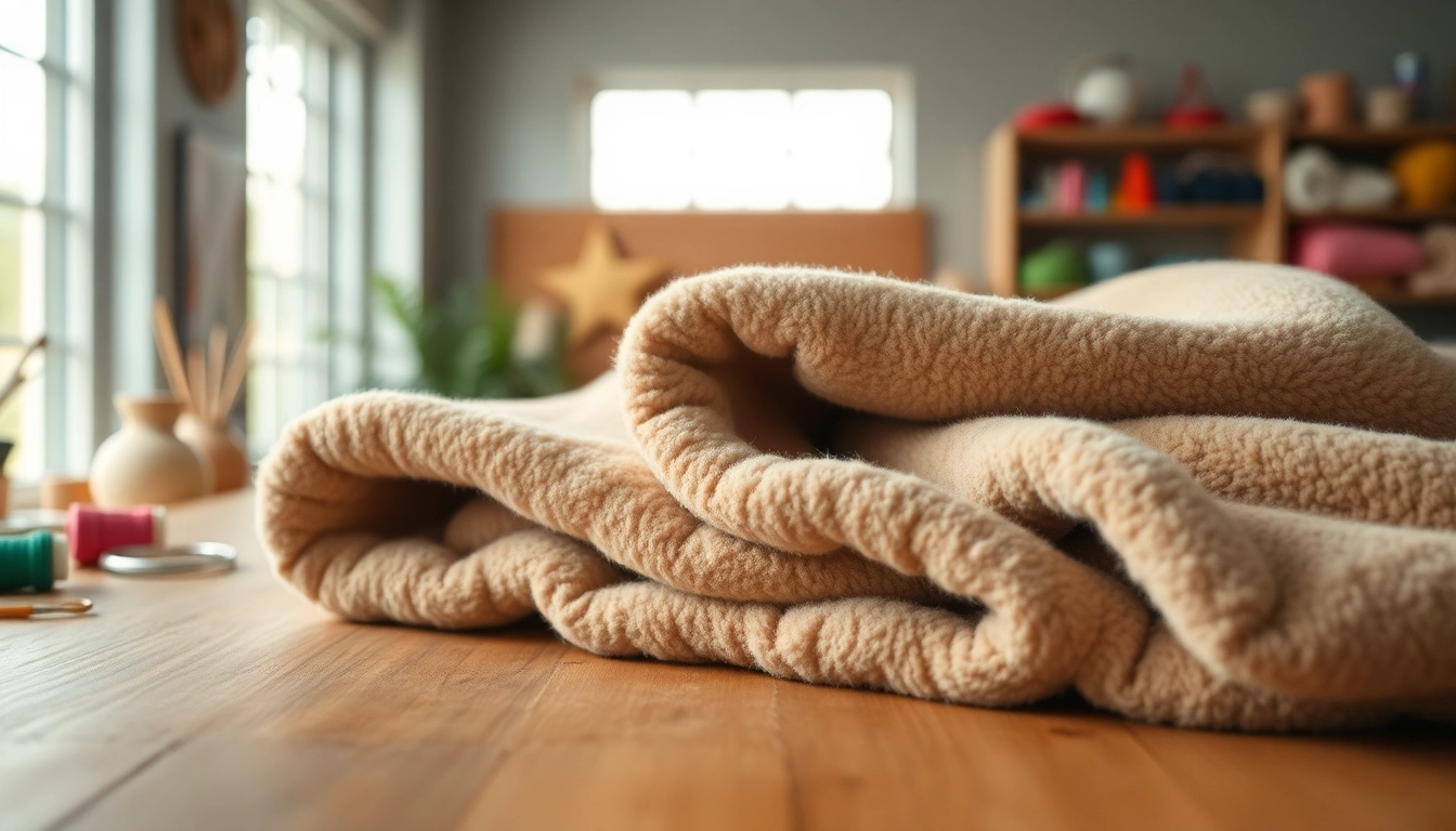 Fleece fabric displayed with vibrant threads and crafting tools op een houten tafel.