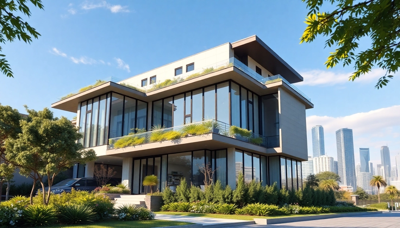 Architekturvisualisierung eines modernen Gebäudes in einer urbanen Umgebung mit lebendigen Details.