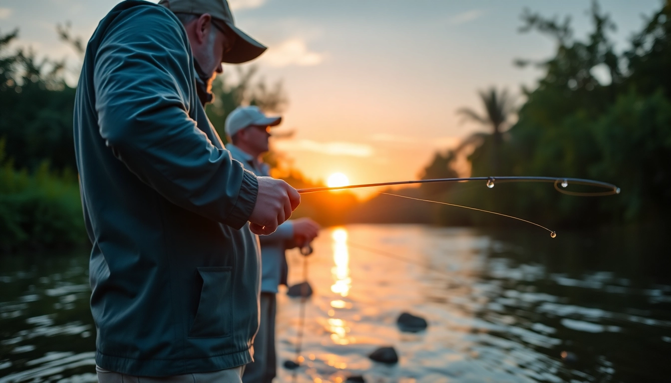 Engage in Fly fishing lessons near me with expert instruction by a scenic river at sunset.
